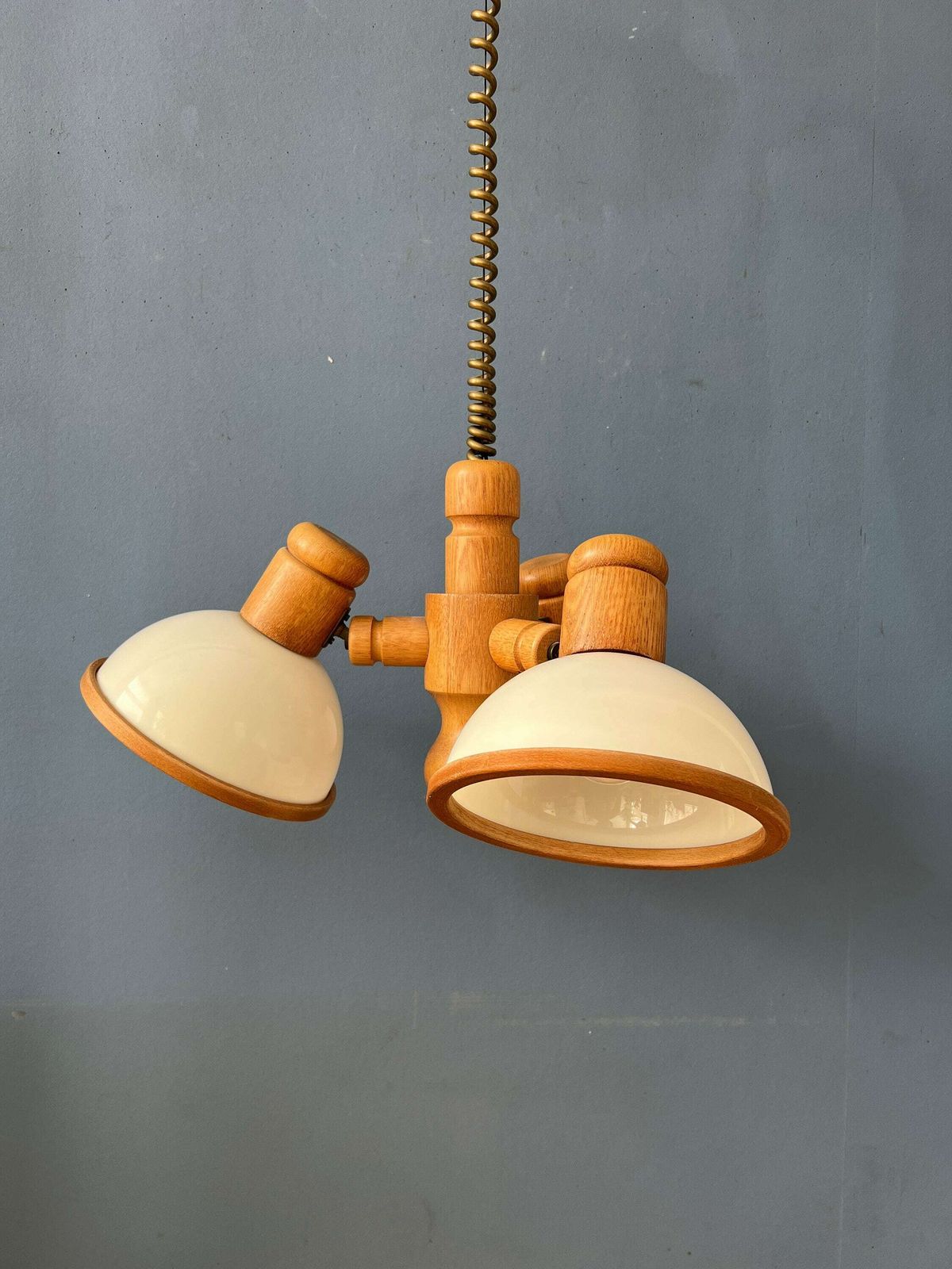 Mid Century Wooden Steinhauer Chandelier Pendant Lamp With Three Plexiglass Shades photo vintage