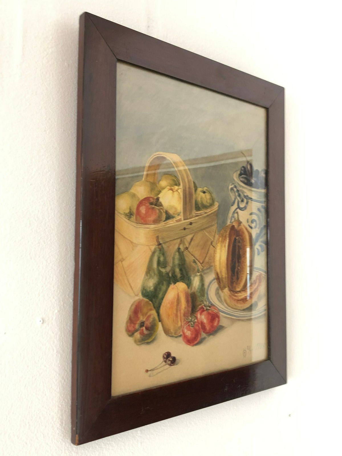 Antique Original Danish Still Life Watercolour From 1908 By Oh With Motive Of Fruit Served In Basket And Porcelain photo furniture