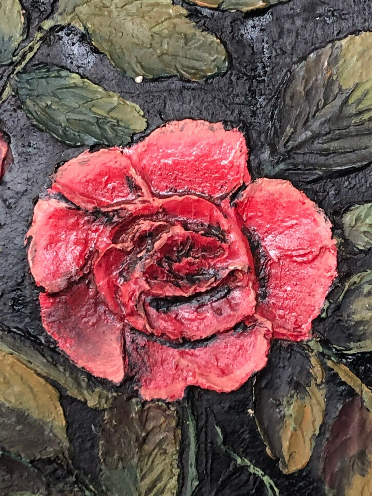 Danish Mid Century Cute Oil Painting From 1971 With Motive Of Red Rose Flowers In Relief Style And Strong Contrast Colours photo furniture