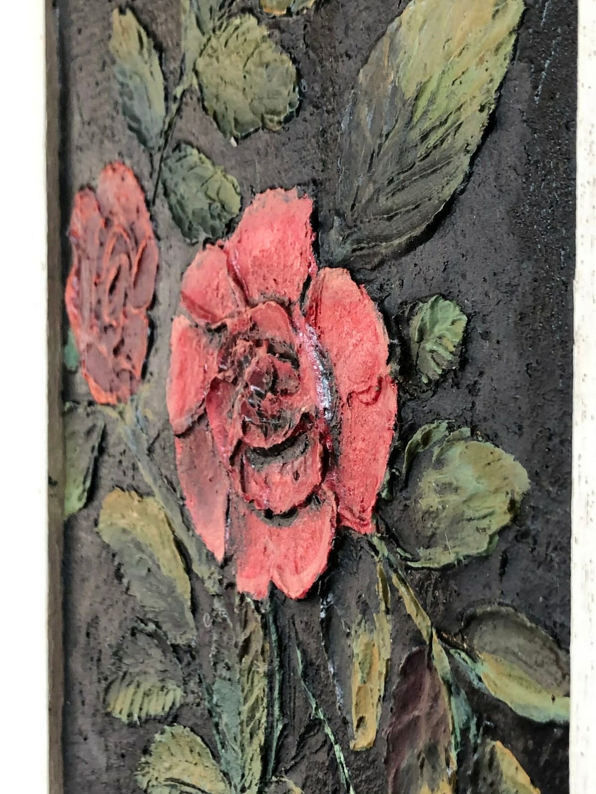 Danish Mid Century Cute Oil Painting From 1971 With Motive Of Red Rose Flowers In Relief Style And Strong Contrast Colours photo Art