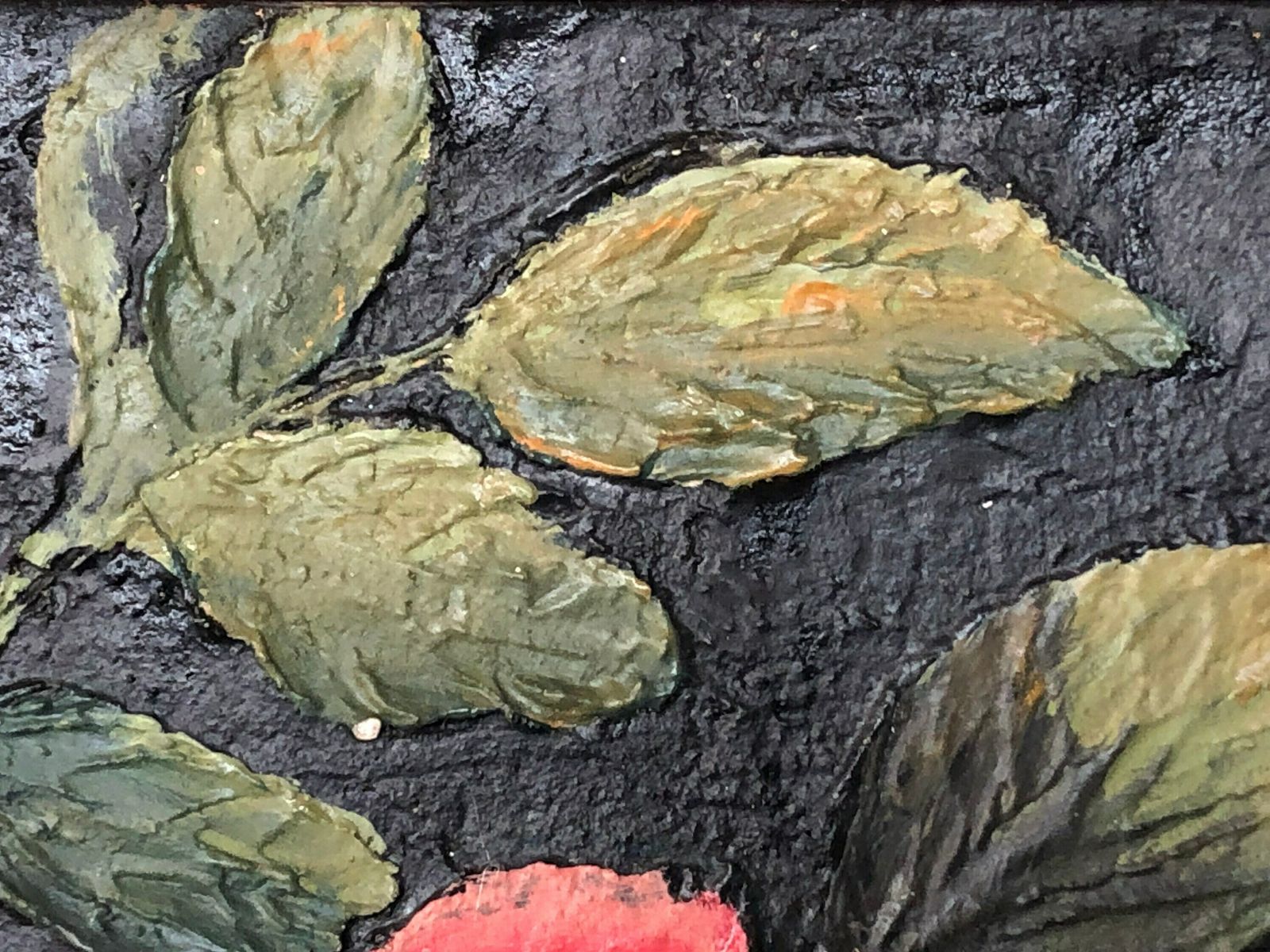 Danish Mid Century Cute Oil Painting From 1971 With Motive Of Red Rose Flowers In Relief Style And Strong Contrast Colours photo vinterior