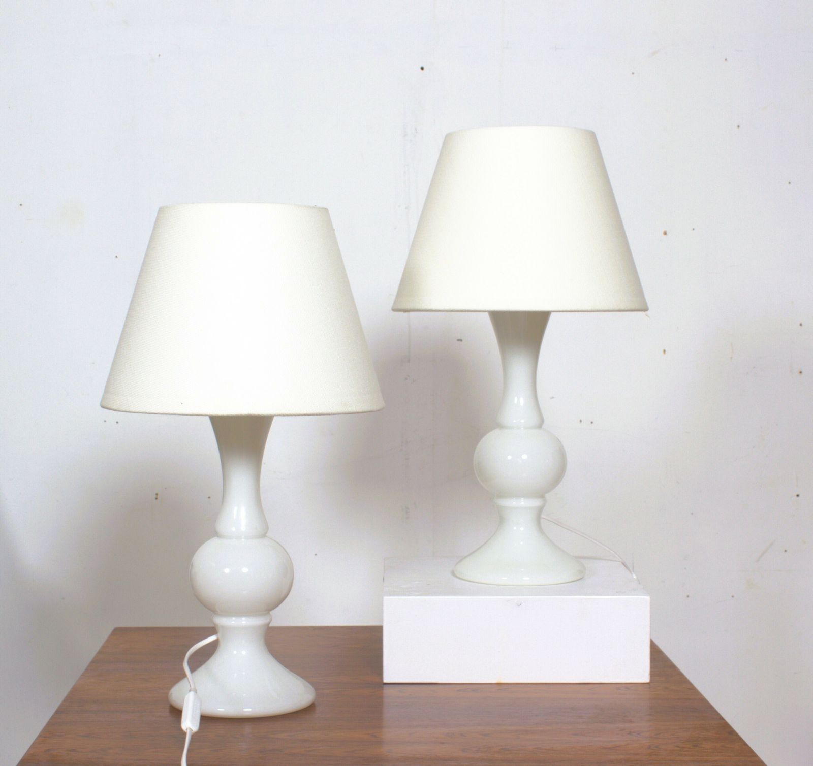 Pair Of White Glass Lamps By Luxus Lighting, Sweden, 1980 photo for sale