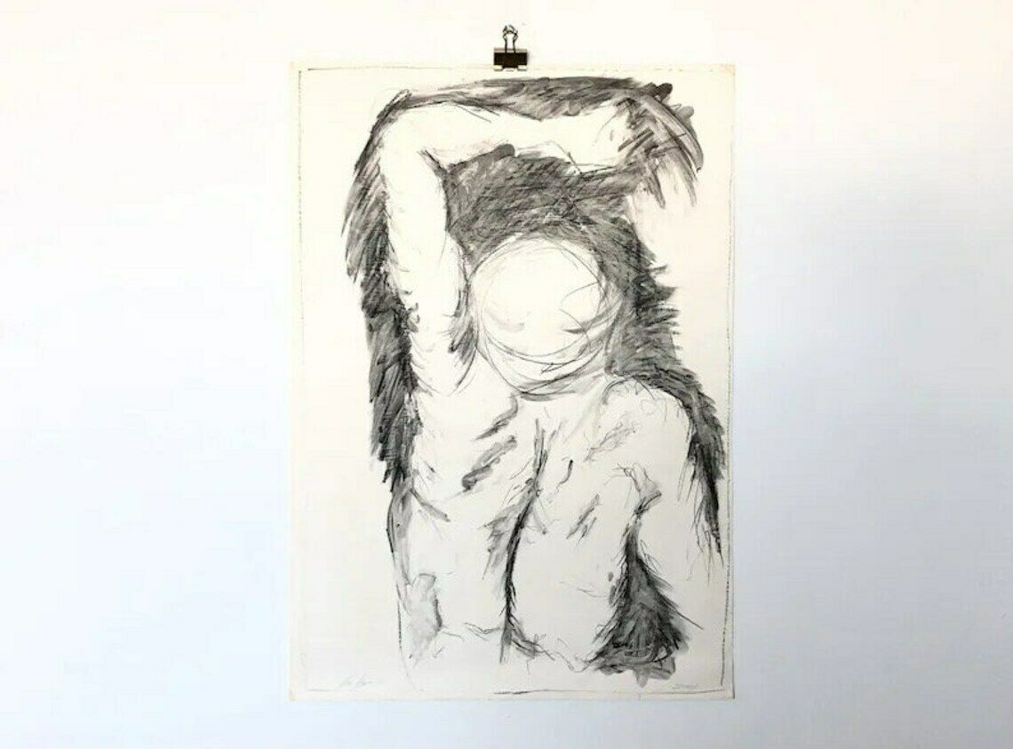 Danish Original John Hansen Vintage Drawing With Charcoal And Ink From 1986 With Abstract Figurative Torso Motive