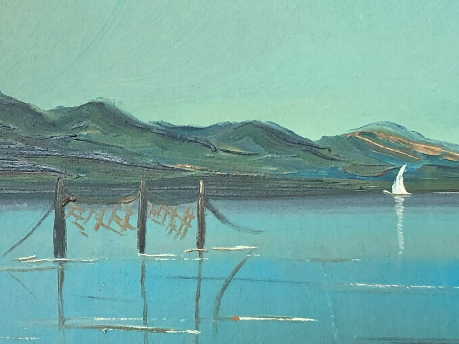 Danish Original Expressionist Erling Dyremose Mid Century Oil On Plate Painting In Great Colours With Motive Of Ocean View With Ships photo 229.0