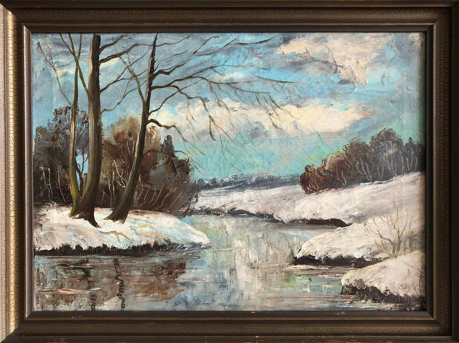 Vintage Oil Painting With Motive Of Winter Landscape From Odense Aa, Funen   Original Danish Art photo furniture