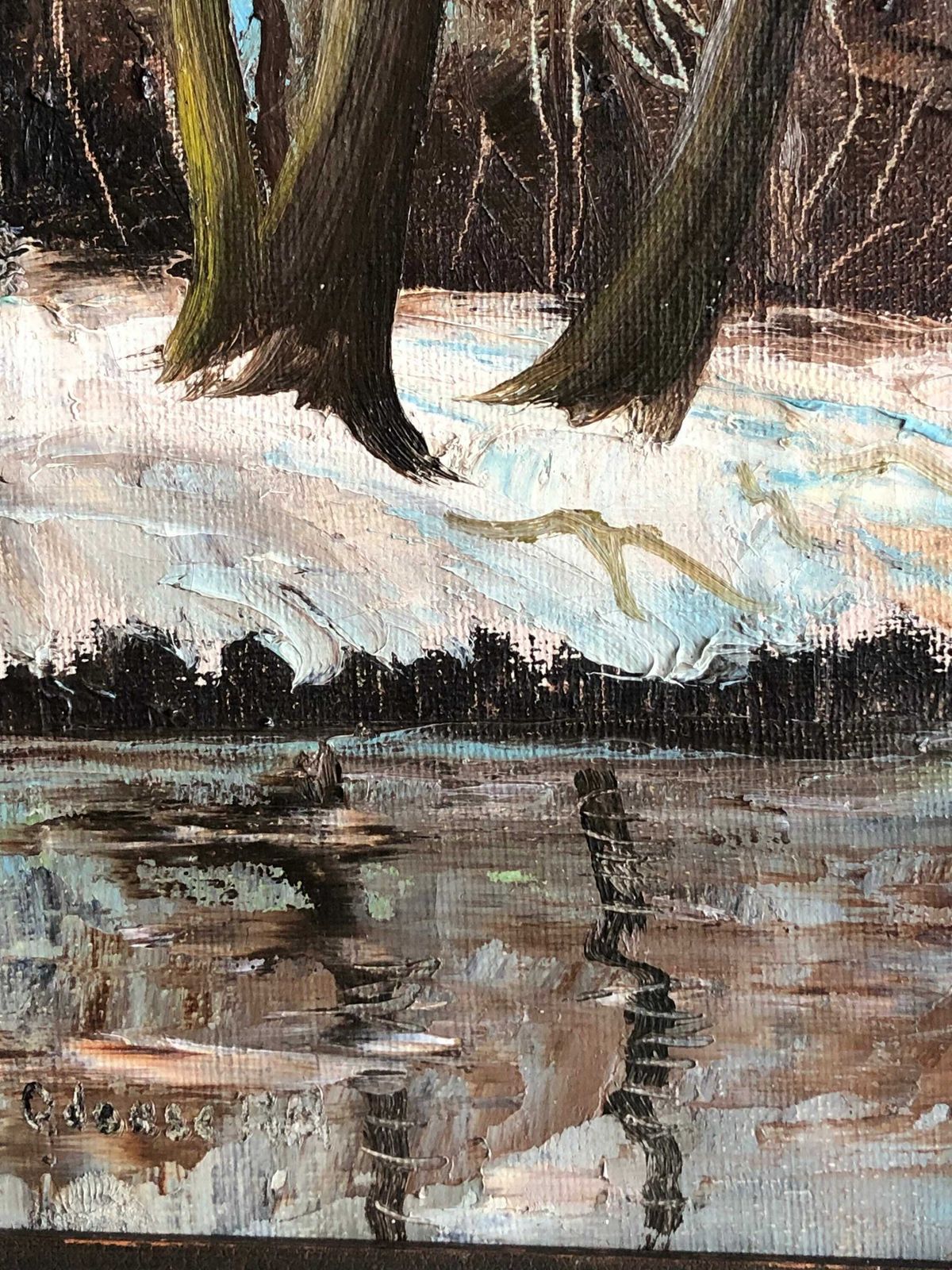 Vintage Oil Painting With Motive Of Winter Landscape From Odense Aa, Funen   Original Danish Art photo Art