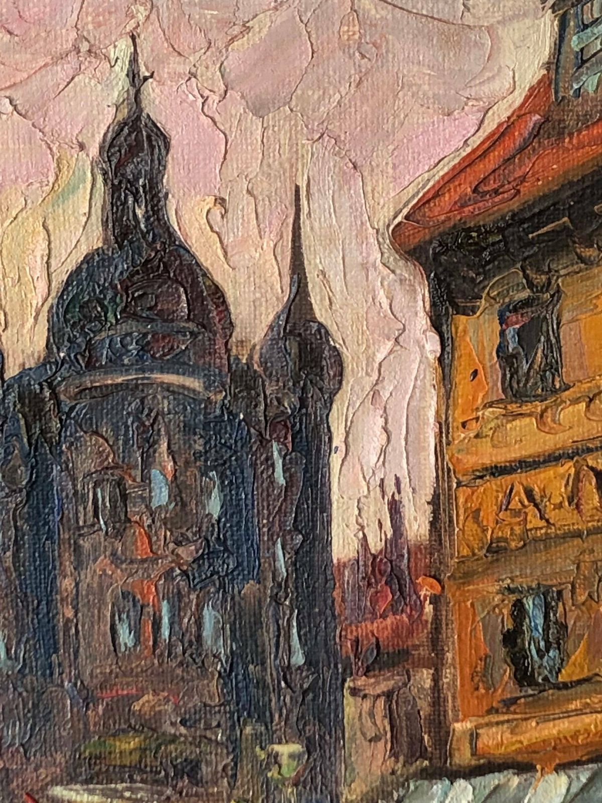 Expressionist Mid Century Oil On Canvas Painting With Motive From City Full Of Life   Great Details And Style photo 229.0