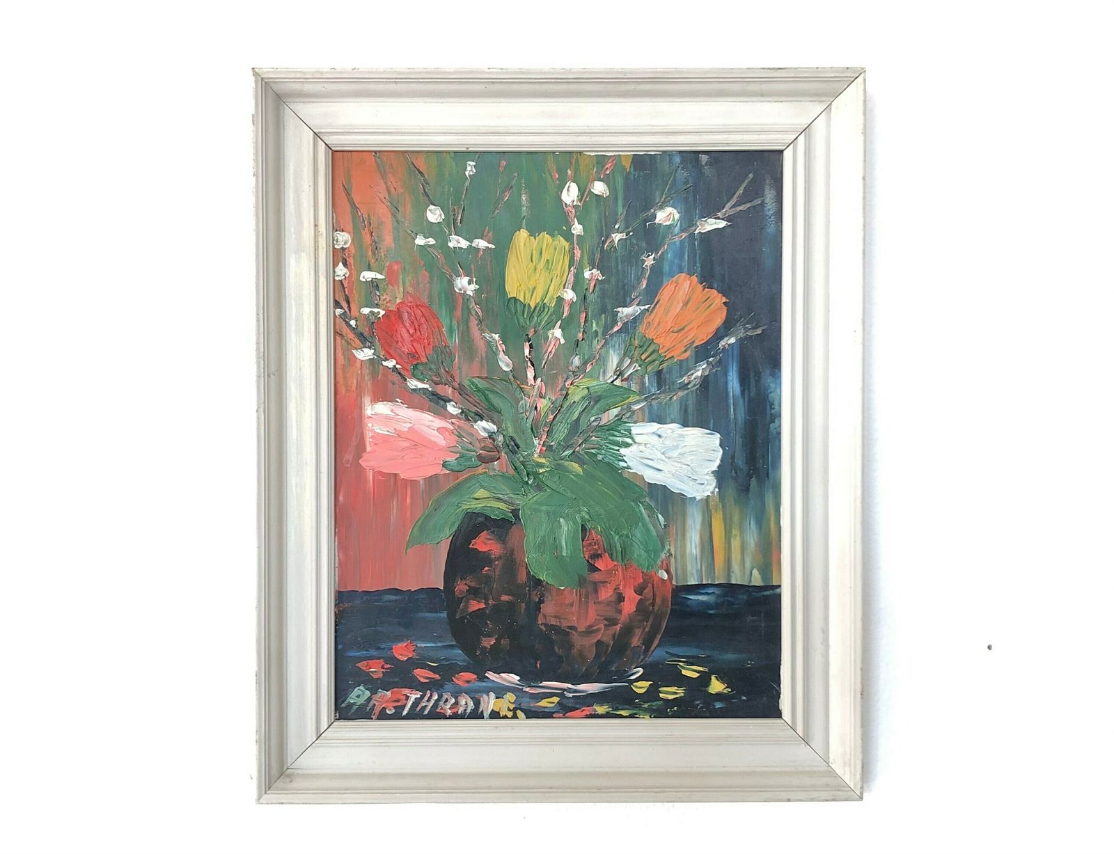 Danish Original Vintage Expressionist Painting By Aage Werner Thrane (1924 2000) With Still Life Motive Of Spring Flowers In Vase