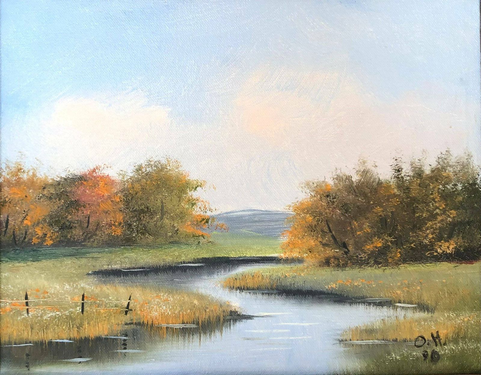 Vintage Danish Oil Painting With Beautiful Landscape Motive Of A Stream Running Through A Forest photo furniture