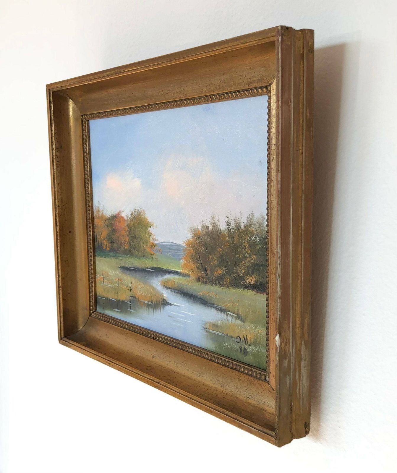 Vintage Danish Oil Painting With Beautiful Landscape Motive Of A Stream Running Through A Forest photo vinterior