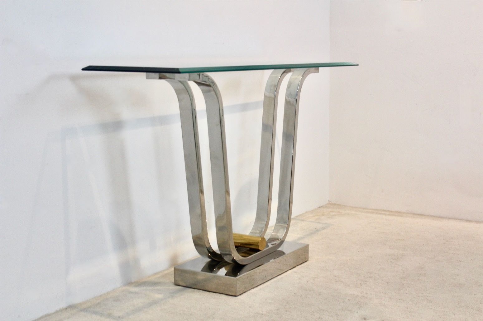Minimalist Curvaceous Stainless Steel, Brass And Glass Console Table photo furniture