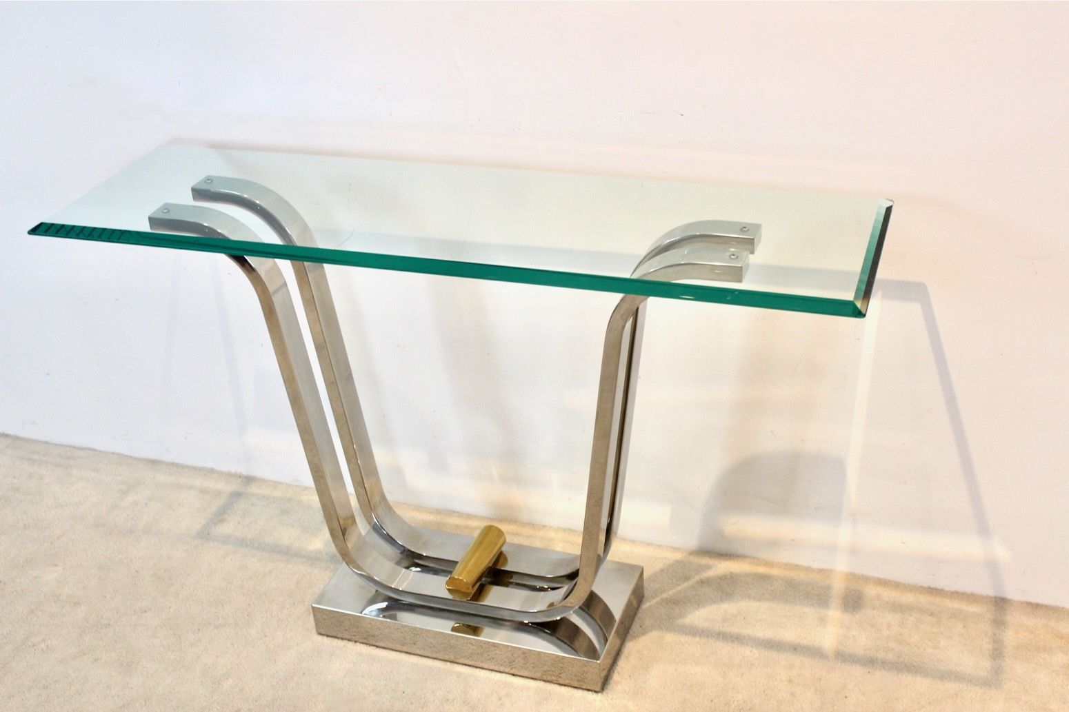 Minimalist Curvaceous Stainless Steel, Brass And Glass Console Table photo for sale