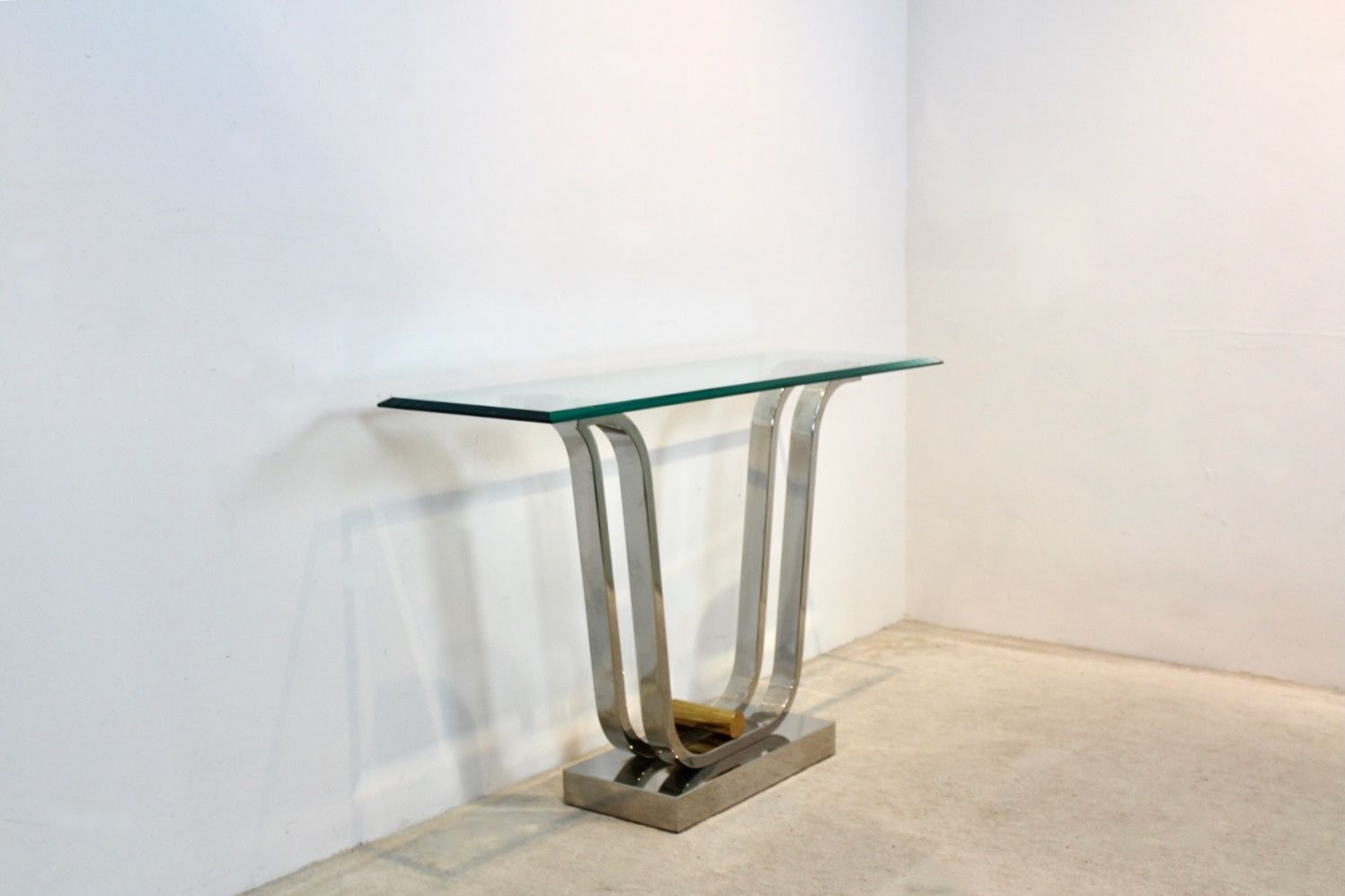Minimalist Curvaceous Stainless Steel, Brass And Glass Console Table photo 3069.0