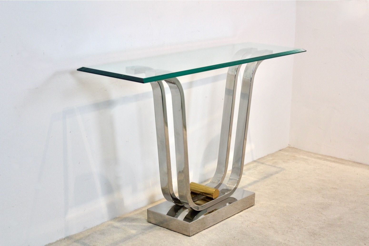 Furniture Minimalist Curvaceous Stainless Steel, Brass And Glass Console Table photo