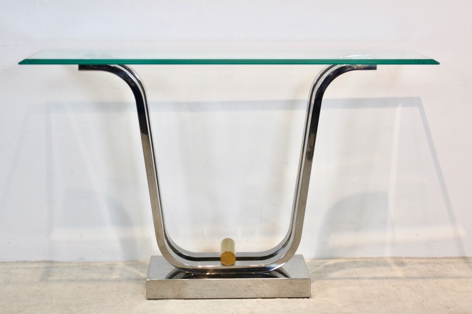 3069.0 Minimalist Curvaceous Stainless Steel, Brass And Glass Console Table photo