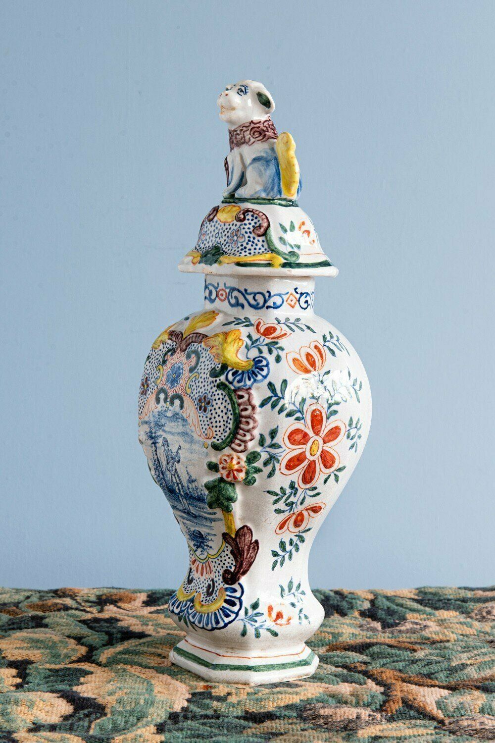 Dutch Delftware, Pair Of Polychrome Covered Baluster Vases, 18th Century photo vinterior