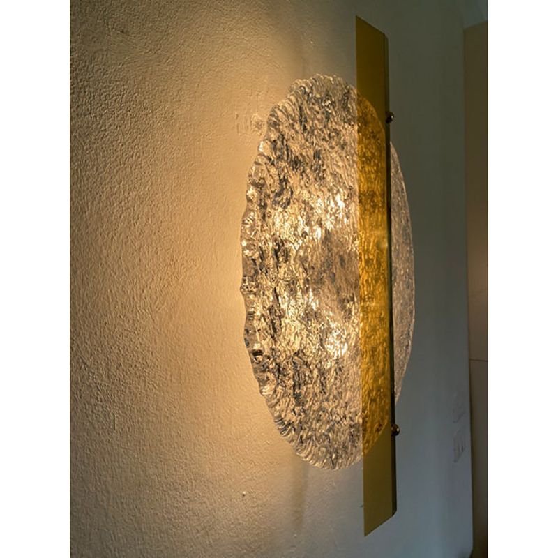 photo for sale Italian Wall Light In Transparent With Silver Leaf Murano Glass Disc And Brass Metal Frame By Simoeng