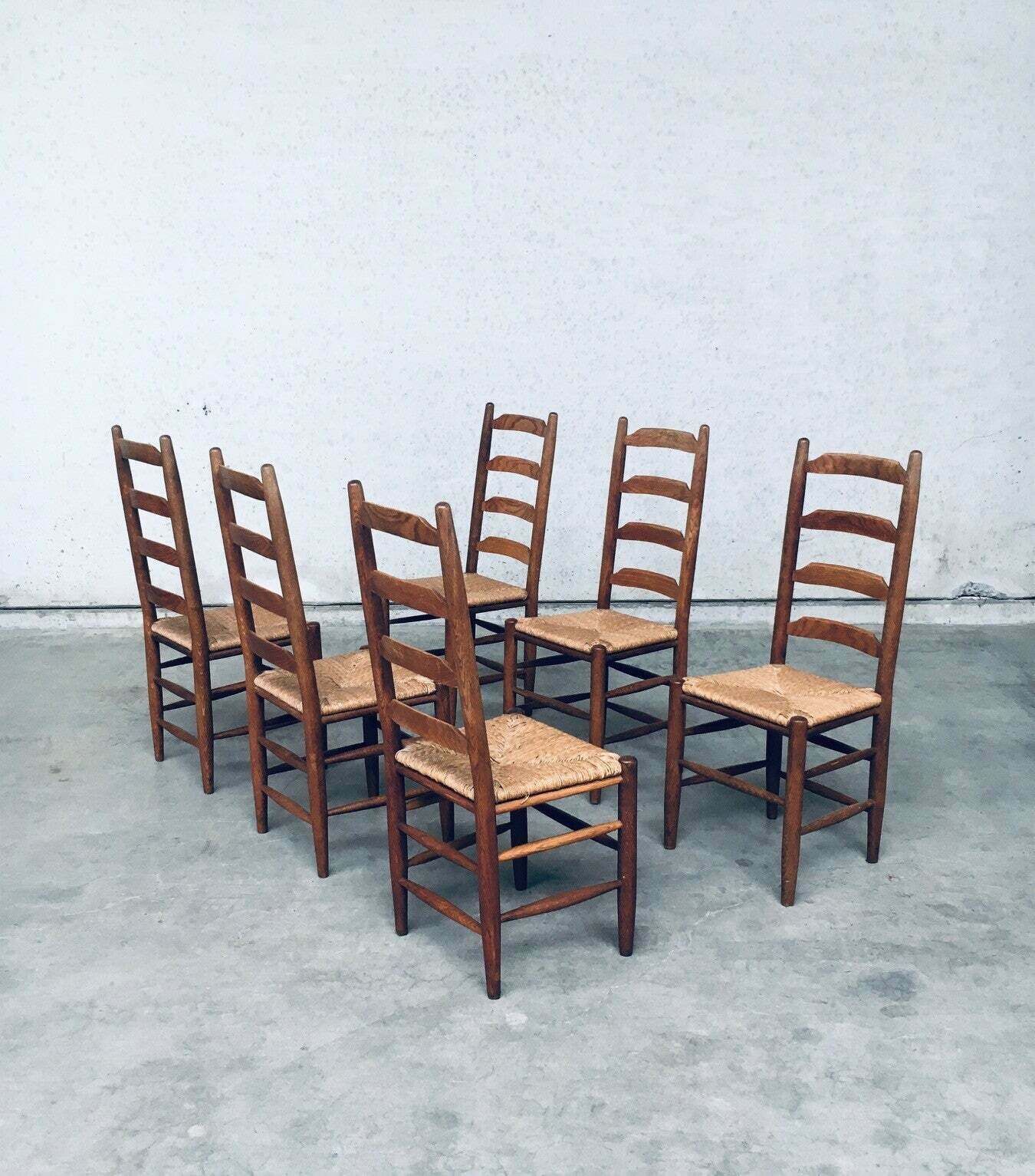 Rustic Design Ladder Back Oak & Rush Dining Chairs, Belgium 1960's photo for sale