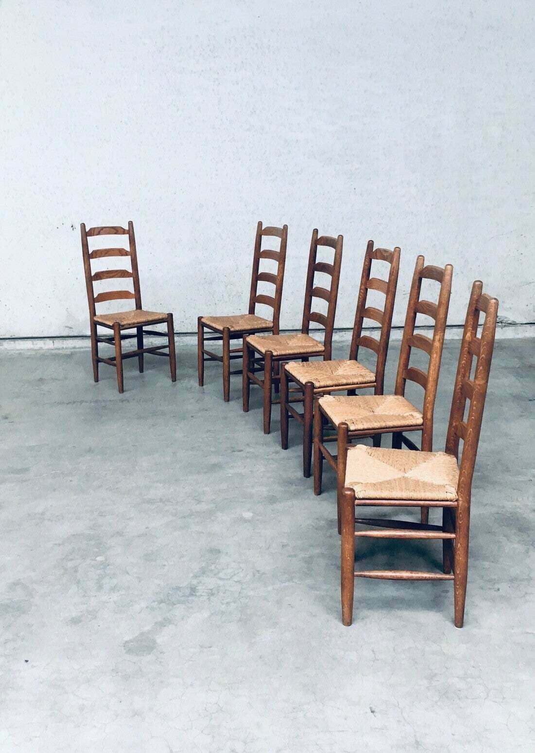 Rustic Design Ladder Back Oak & Rush Dining Chairs, Belgium 1960's photo vintage