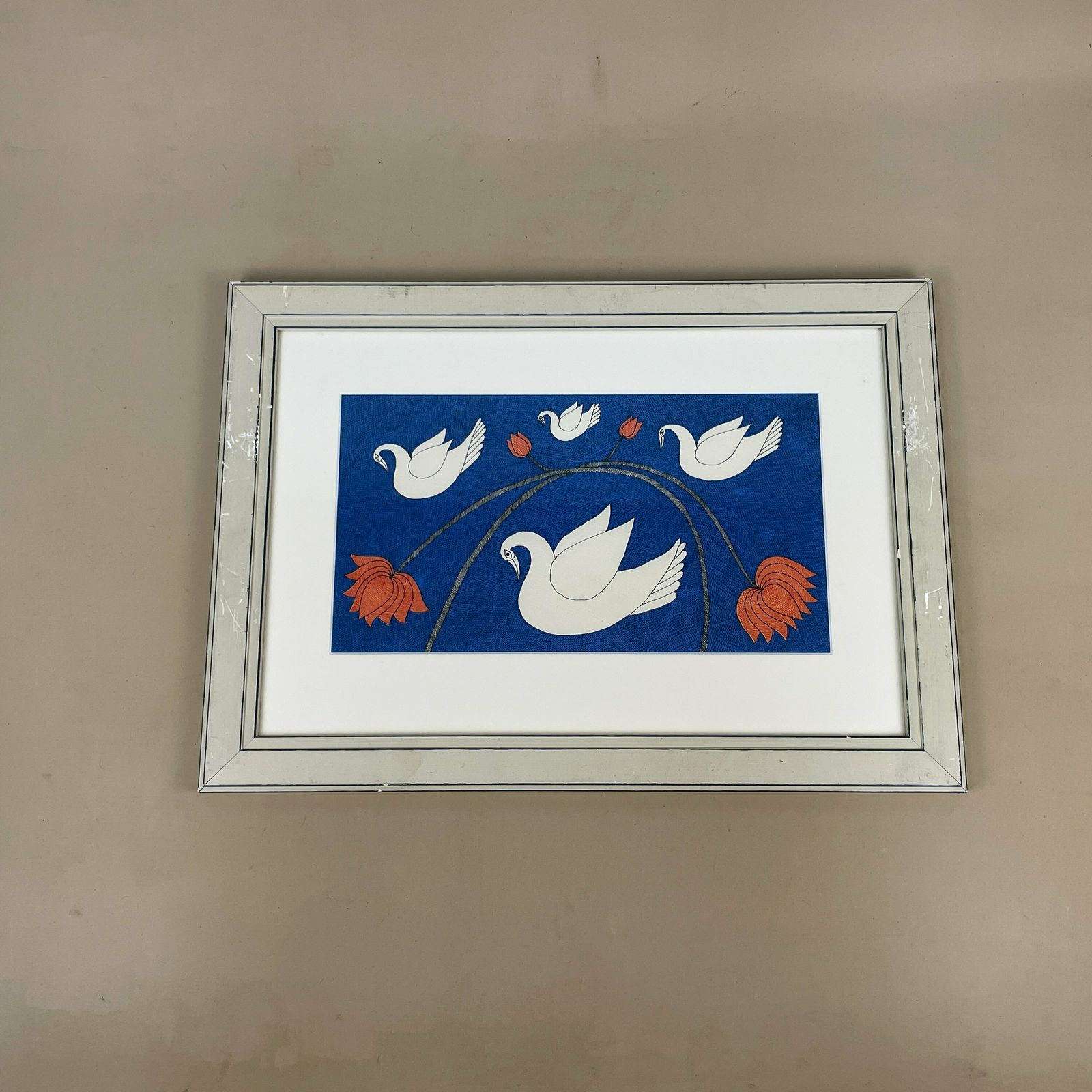 photo for sale Rambharos Jha Art Silk Screen Print Water Life Series Picture Artwork Prints Framed Painting Picture Wood Indian Artist Swan Bird Floral
