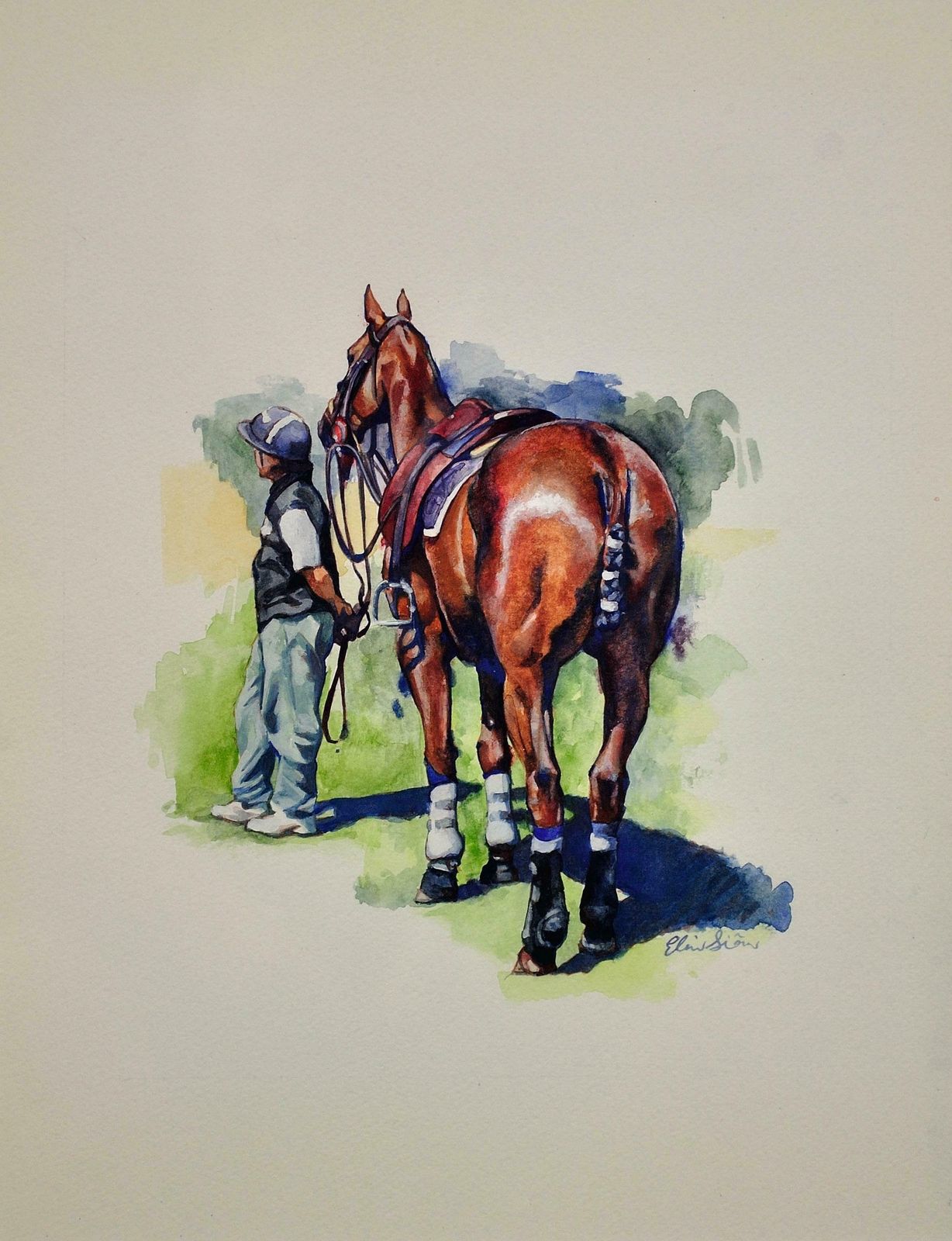 Elin Sian Blake Polo Match, Cirencester, Player And Pony. Cotswolds. Parkland. Framed Watercolour photo furniture