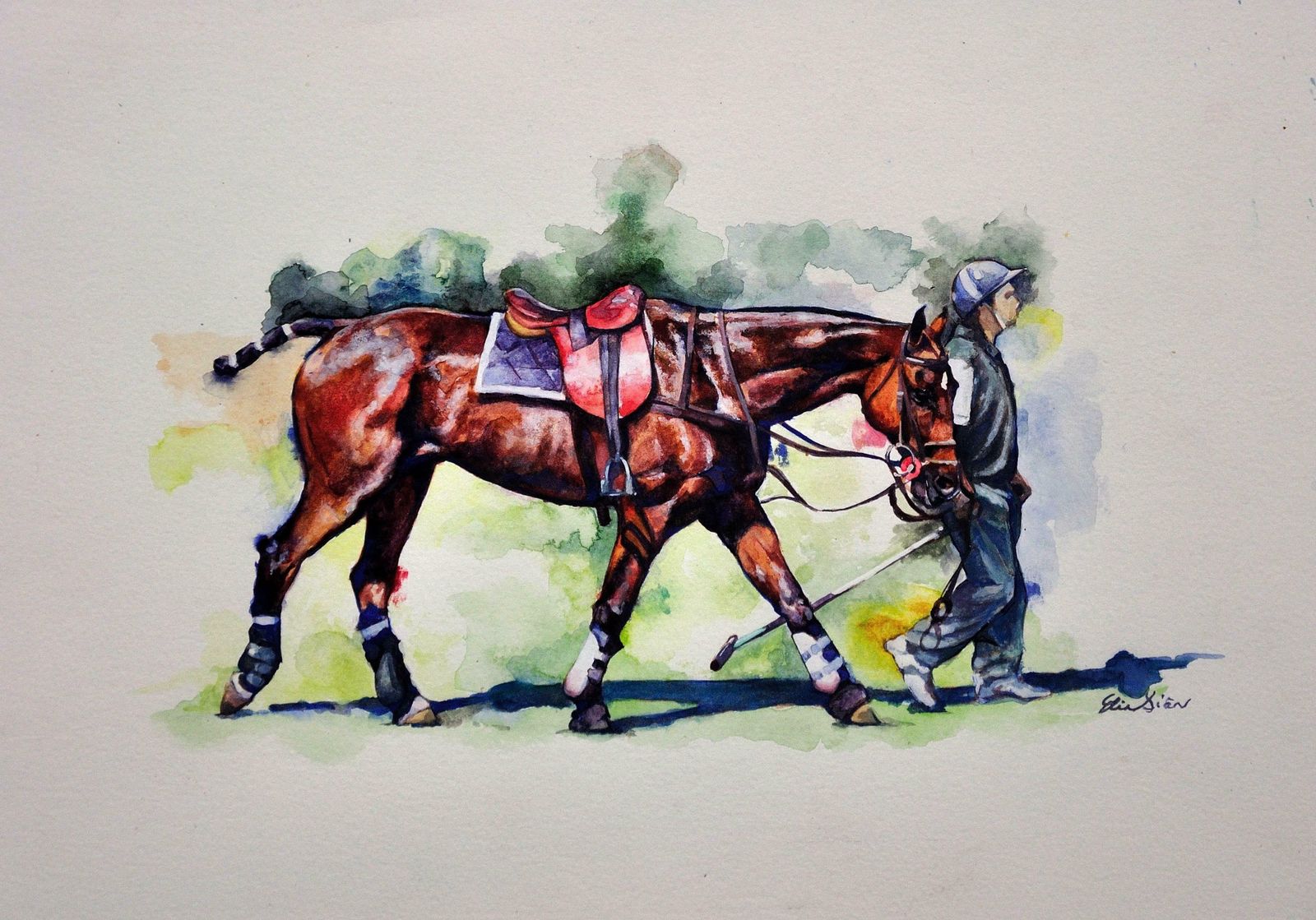 Elin Sian Blake Polo Match, Cirencester, Player Leading Pony. Cotswolds. Framed Watercolour. photo furniture