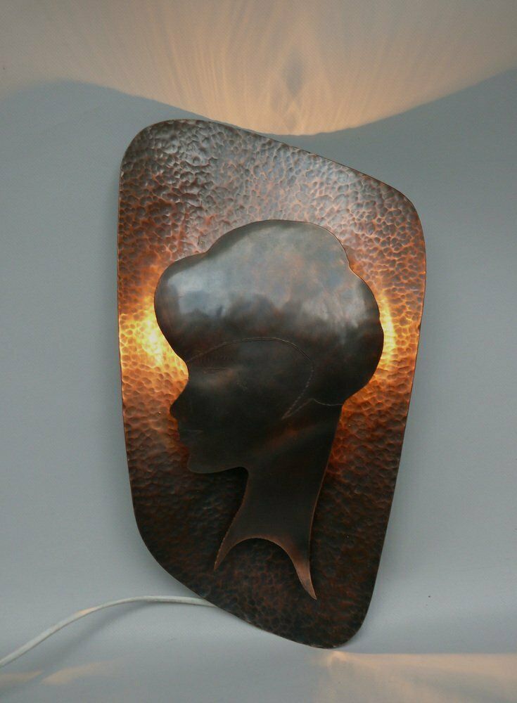 Handmade Woman's Portrait Wall Lamp In Copper Plated Metal, 1960s photo 1622.65