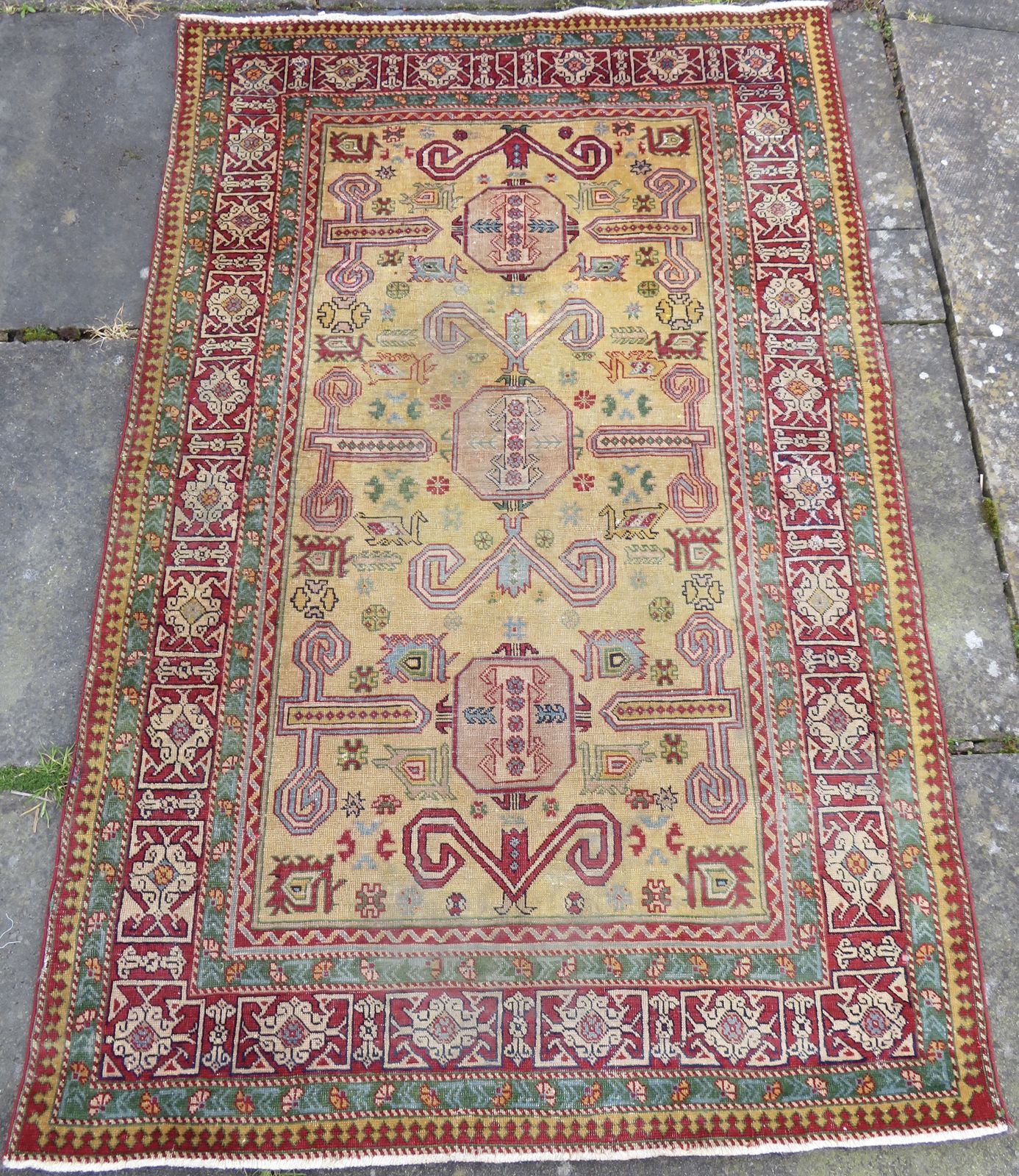 Distressed Yellow Ground Antique Caucasian Erivan Armenian Perepedil Rug. 162cm X 105cm.