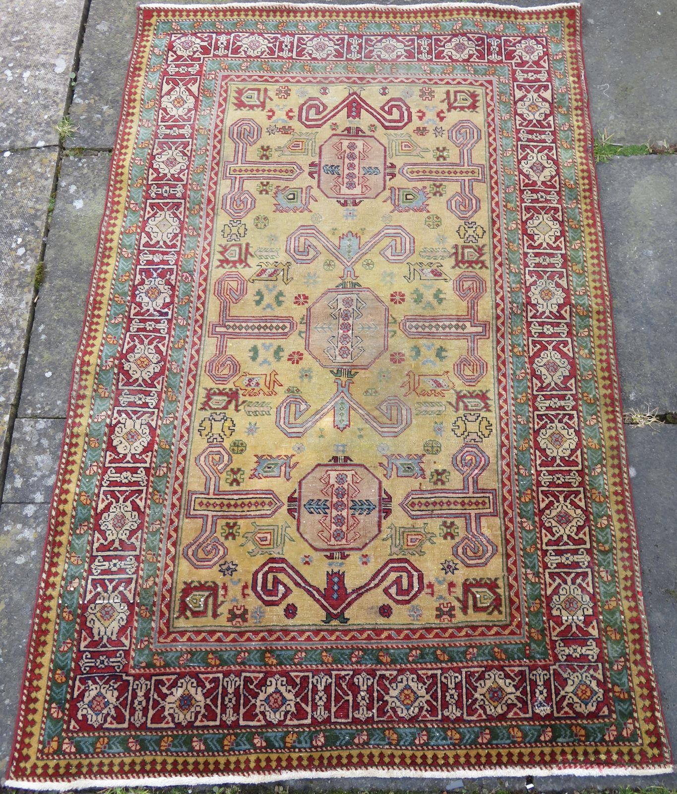 Distressed Yellow Ground Antique Caucasian Erivan Armenian Perepedil Rug. 162cm X 105cm. photo furniture