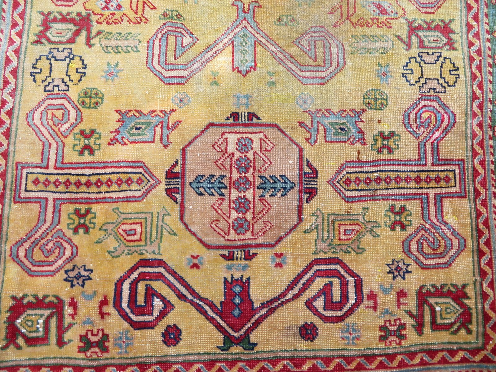 Distressed Yellow Ground Antique Caucasian Erivan Armenian Perepedil Rug. 162cm X 105cm. photo Textiles
