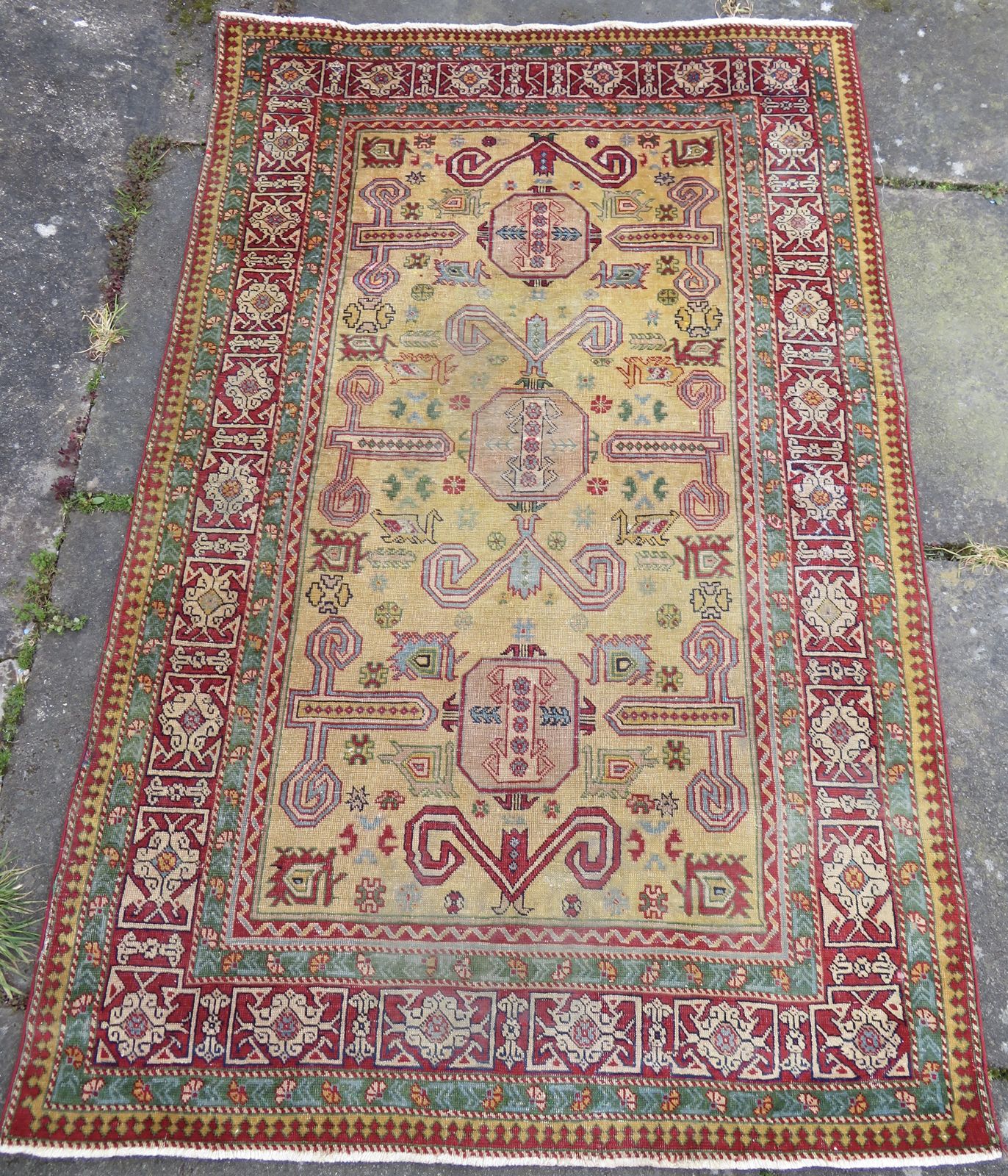 Distressed Yellow Ground Antique Caucasian Erivan Armenian Perepedil Rug. 162cm X 105cm. photo vintage