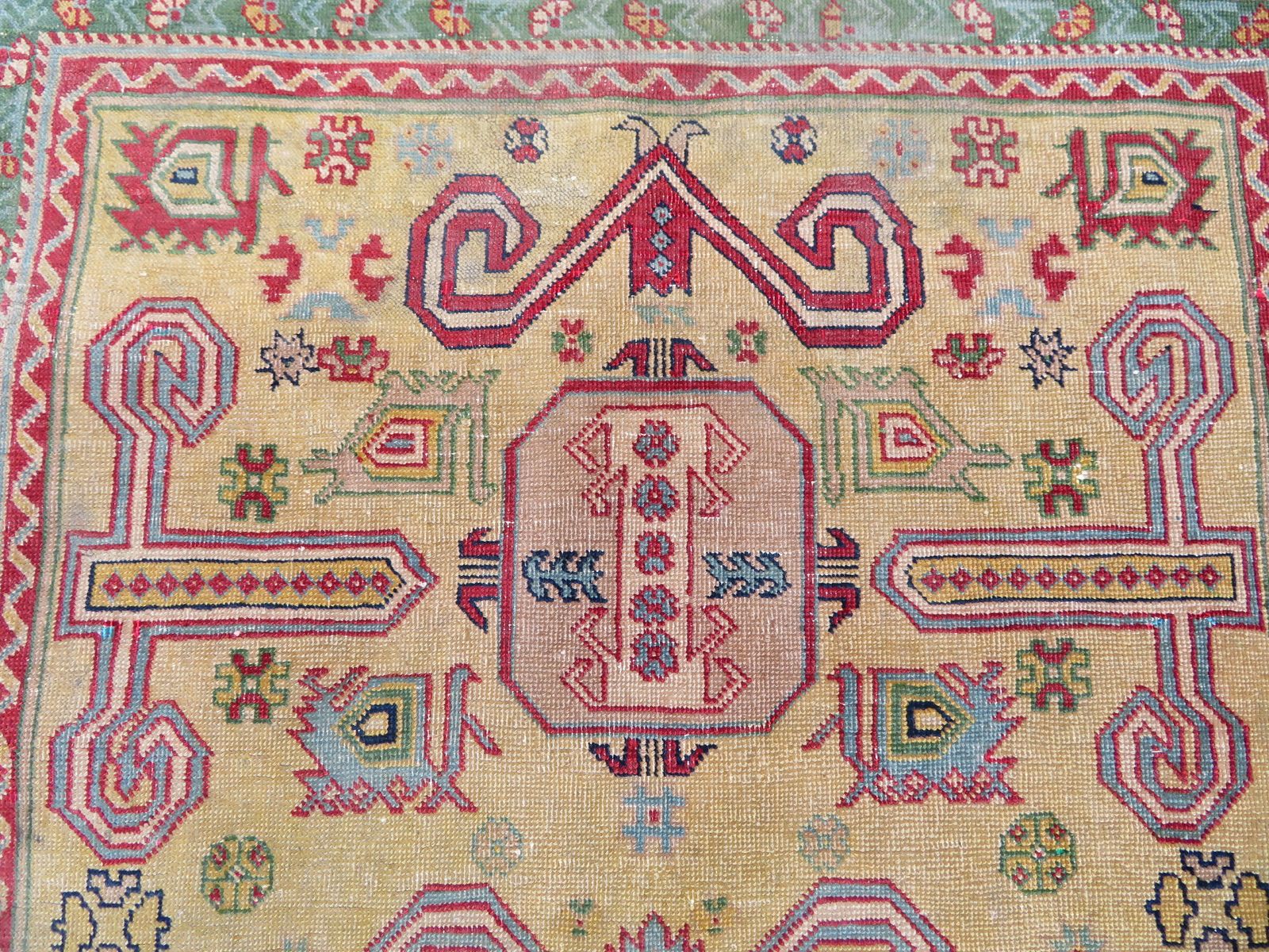 699.0 Distressed Yellow Ground Antique Caucasian Erivan Armenian Perepedil Rug. 162cm X 105cm. photo