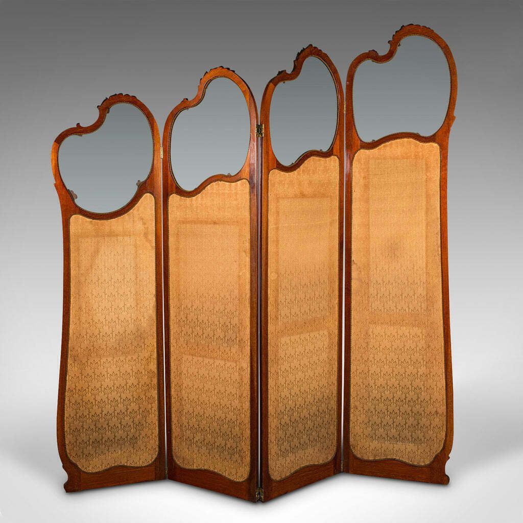 6' 6'' Tall Antique Privacy Screen, French Walnut, Glass, Art Nouveau, Victorian photo for sale
