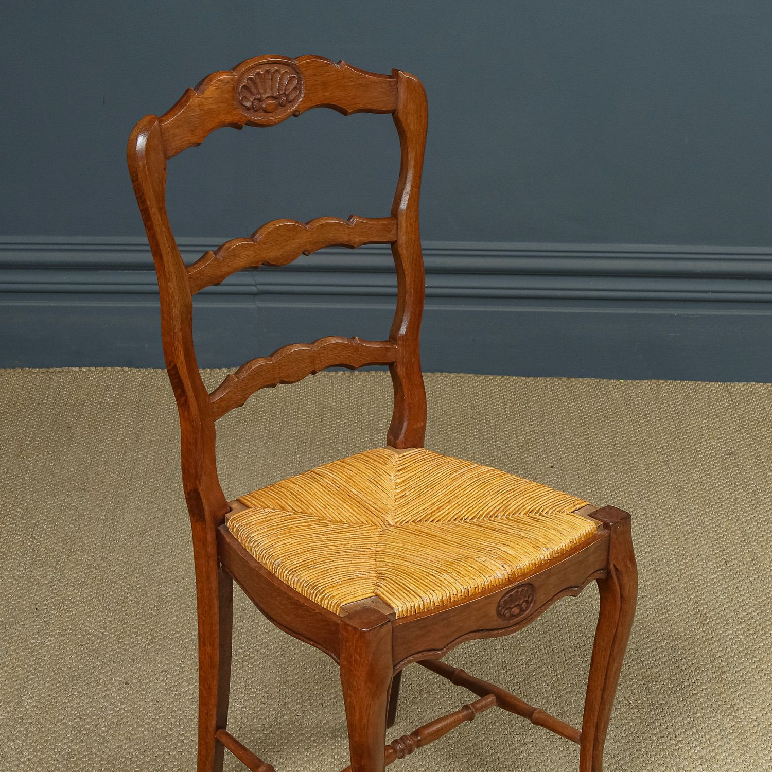 Furniture French Set Of 6 Six Louis XV Style Oak Ladder Back Rush Seat Kitchen Dining Chairs (Circa 1920) photo