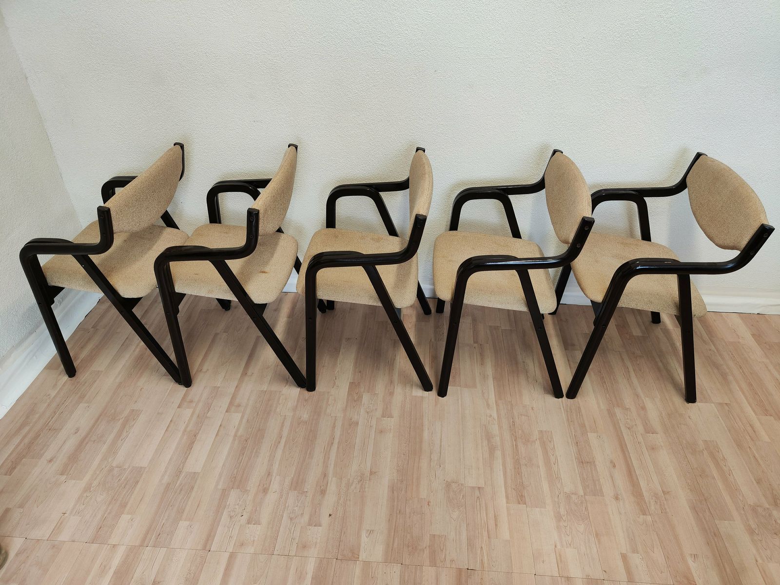 Set Of 5 Vintage Stackable Dining Chairs / Mid Century 1970s Black Wooden Dine Chairs With Beige Fabric / Bentwood Technique photo Furniture