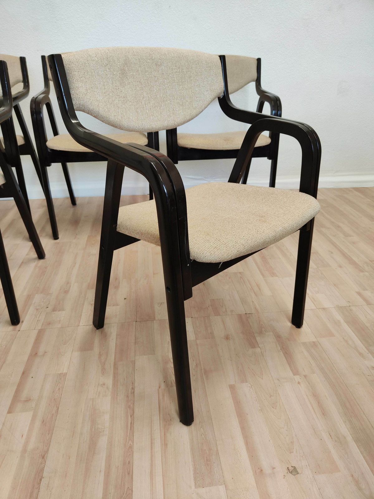 Set Of 5 Vintage Stackable Dining Chairs / Mid Century 1970s Black Wooden Dine Chairs With Beige Fabric / Bentwood Technique photo vintage