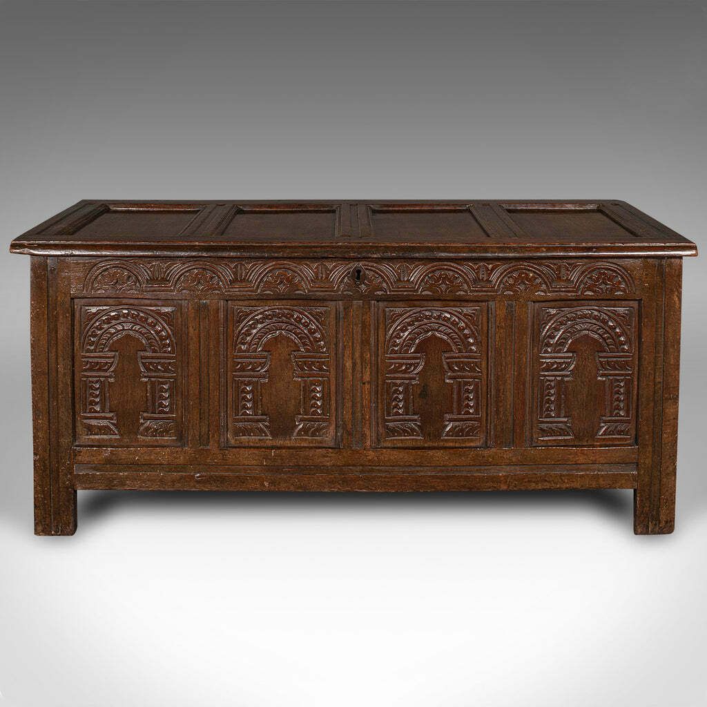 Large Antique Coffer, English, Oak, Carved Trunk, Window Seat, William III, 1700 photo for sale