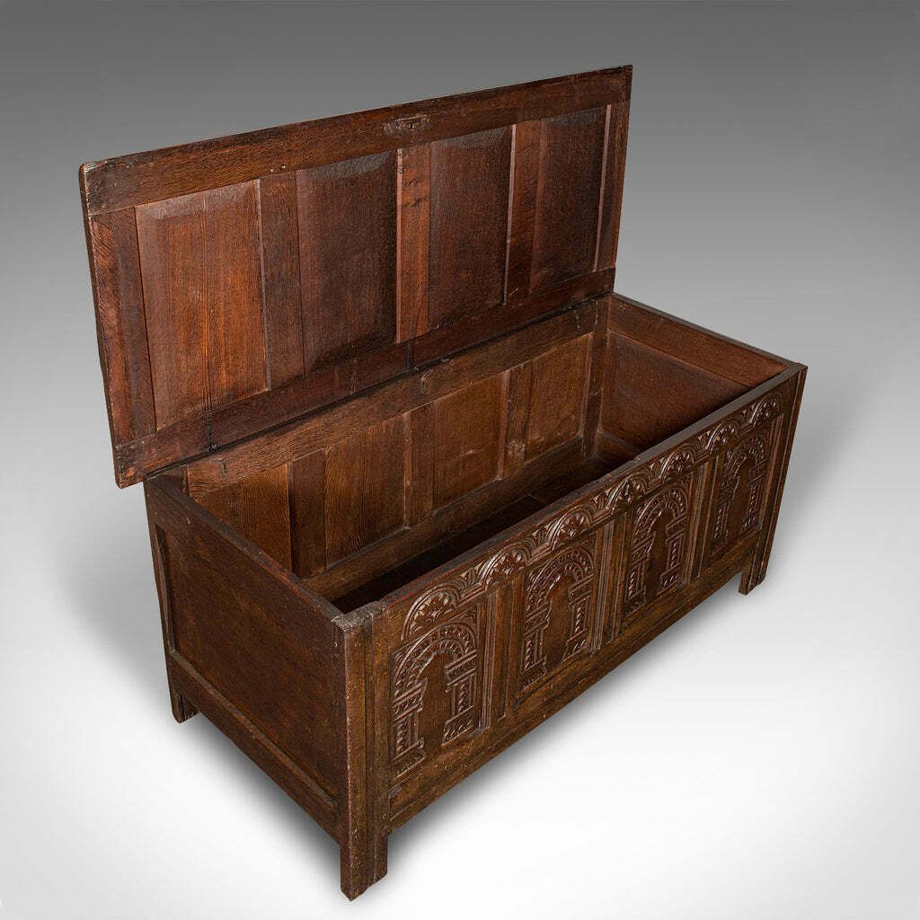 Large Antique Coffer, English, Oak, Carved Trunk, Window Seat, William III, 1700 photo vintage