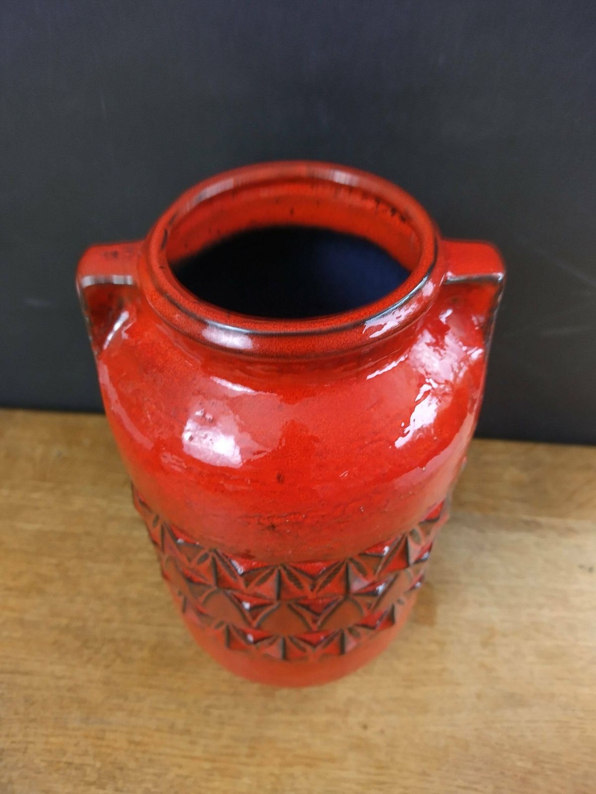 Jasba Vibrant Red West German Pottery Vase With Faux Pinch Handles C1970s photo Home Decor