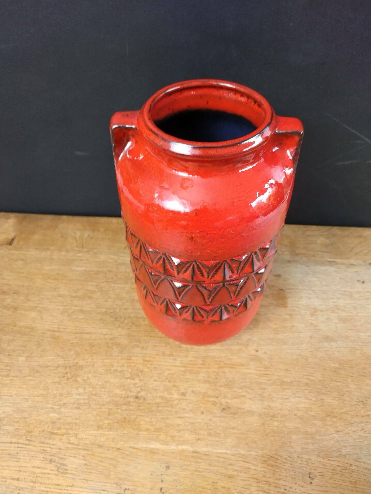 Jasba Vibrant Red West German Pottery Vase With Faux Pinch Handles C1970s photo buy