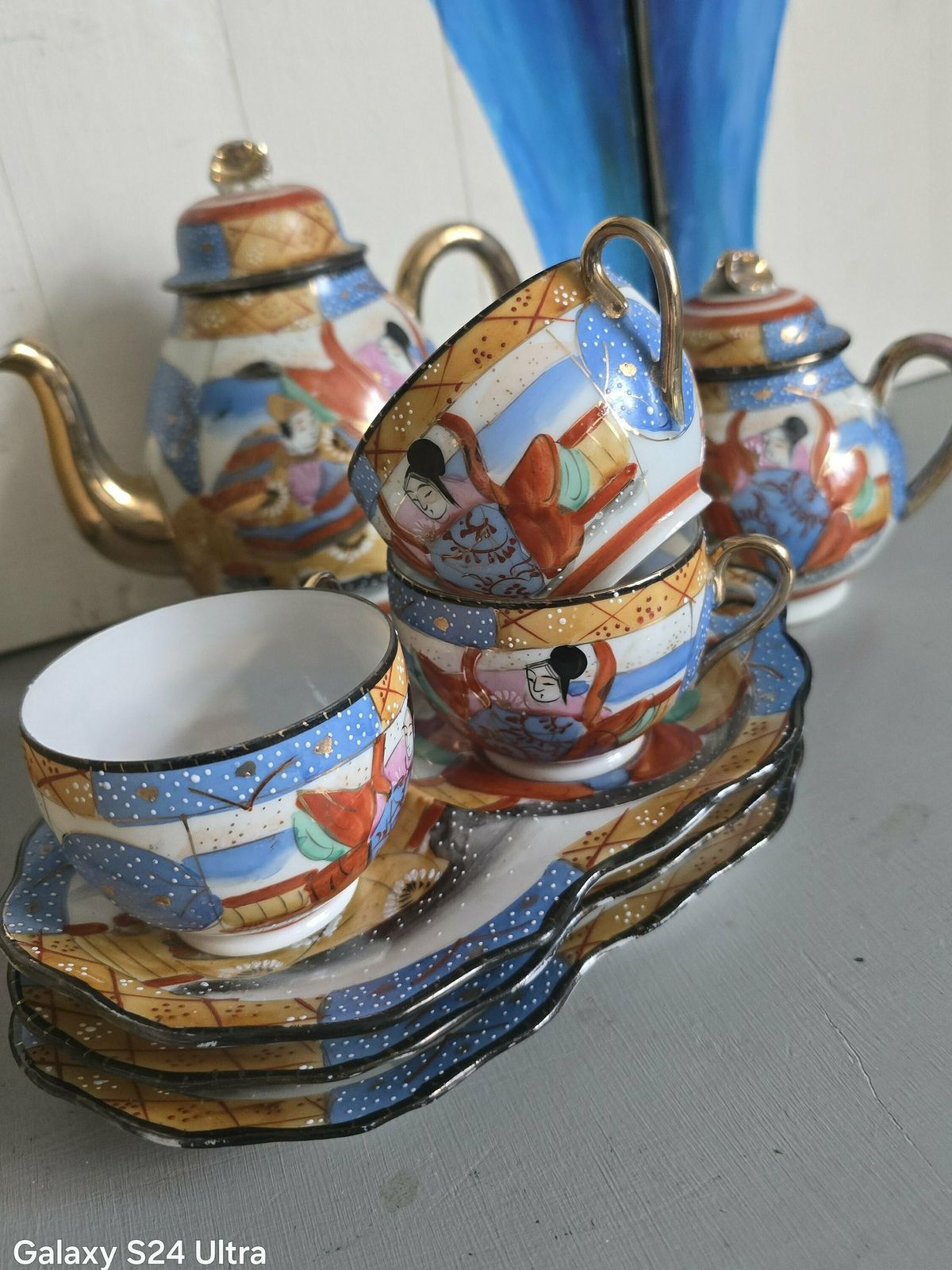 Antique Hand Painted, 3 Tennis Tea Sets,Teapot And Sugar Bowl From Japan