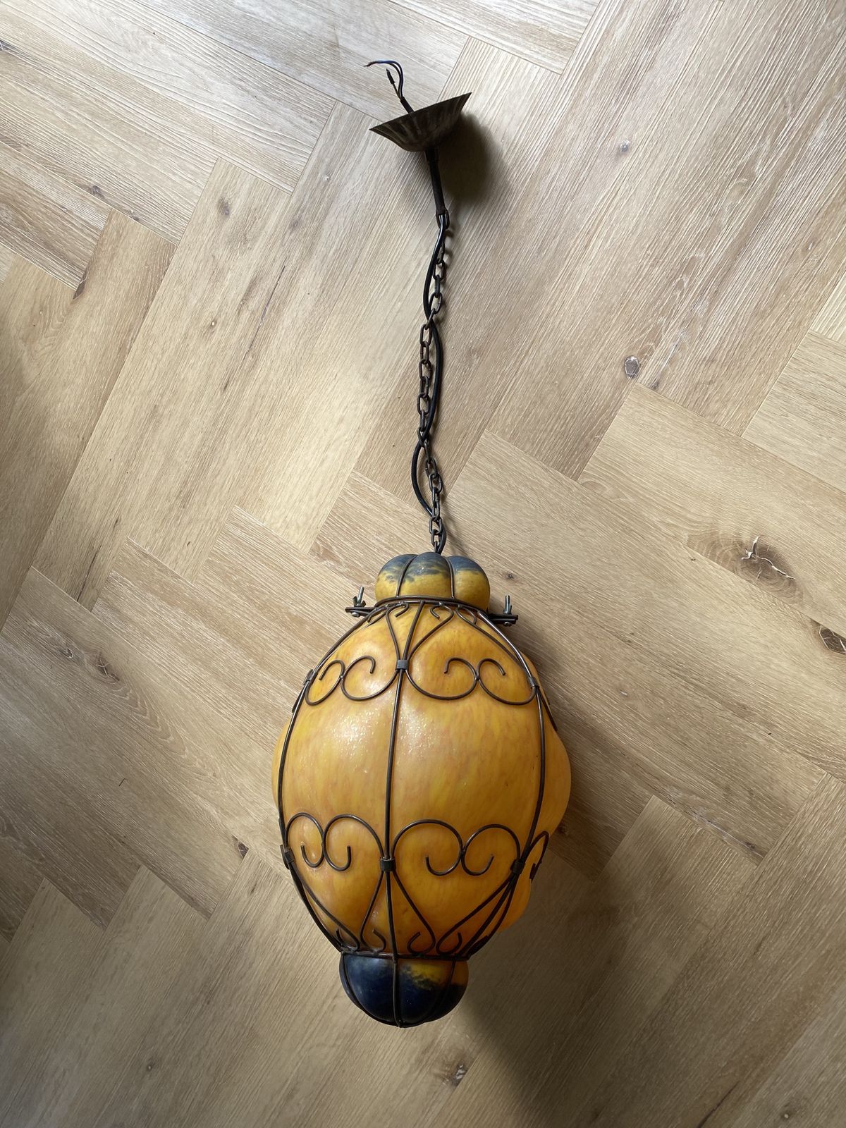 Lighting Large 1960s Venetian Wrought Iron Cage Murano Glass Lantern Pendant Light Opaque Amber photo