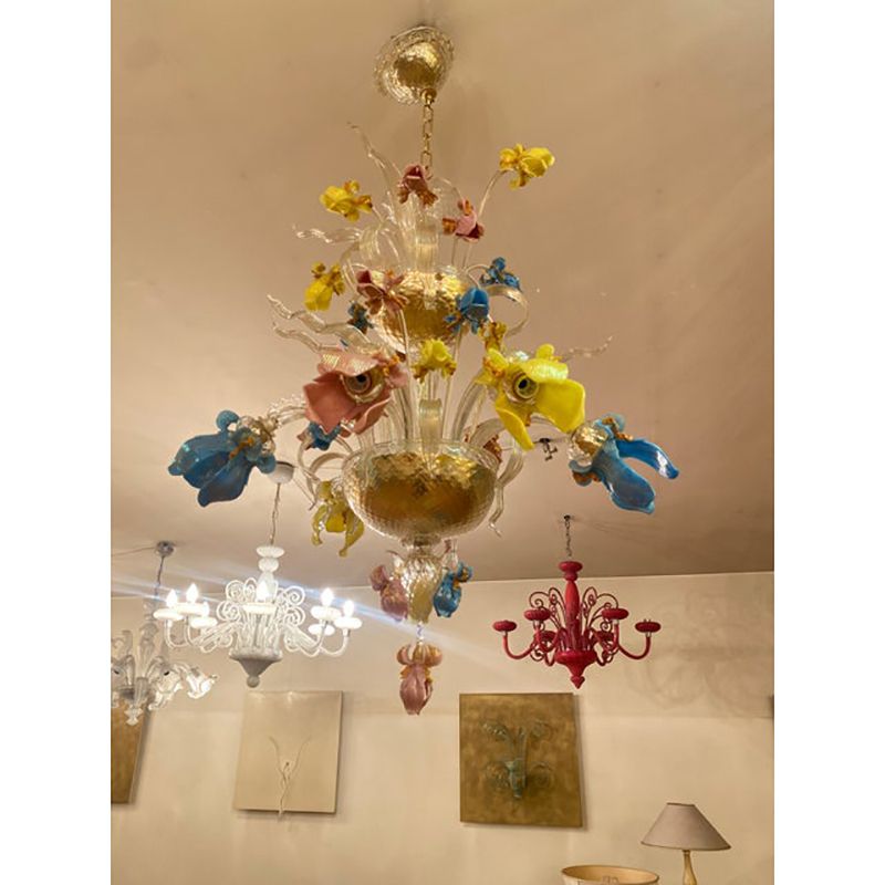 1970s Italian Style Murano Glass Multicolors With Flowers Chandelier photo vintage