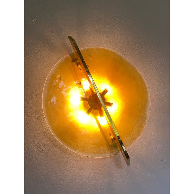 Italian Wall Light In Amber Murano Glass Disc And Brass Metal Frame photo vintage