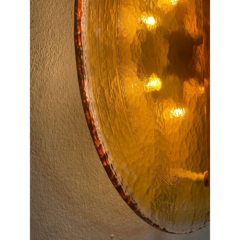 photo for sale Italian Wall Light In Amber Murano Glass Disc And Brass Metal Frame