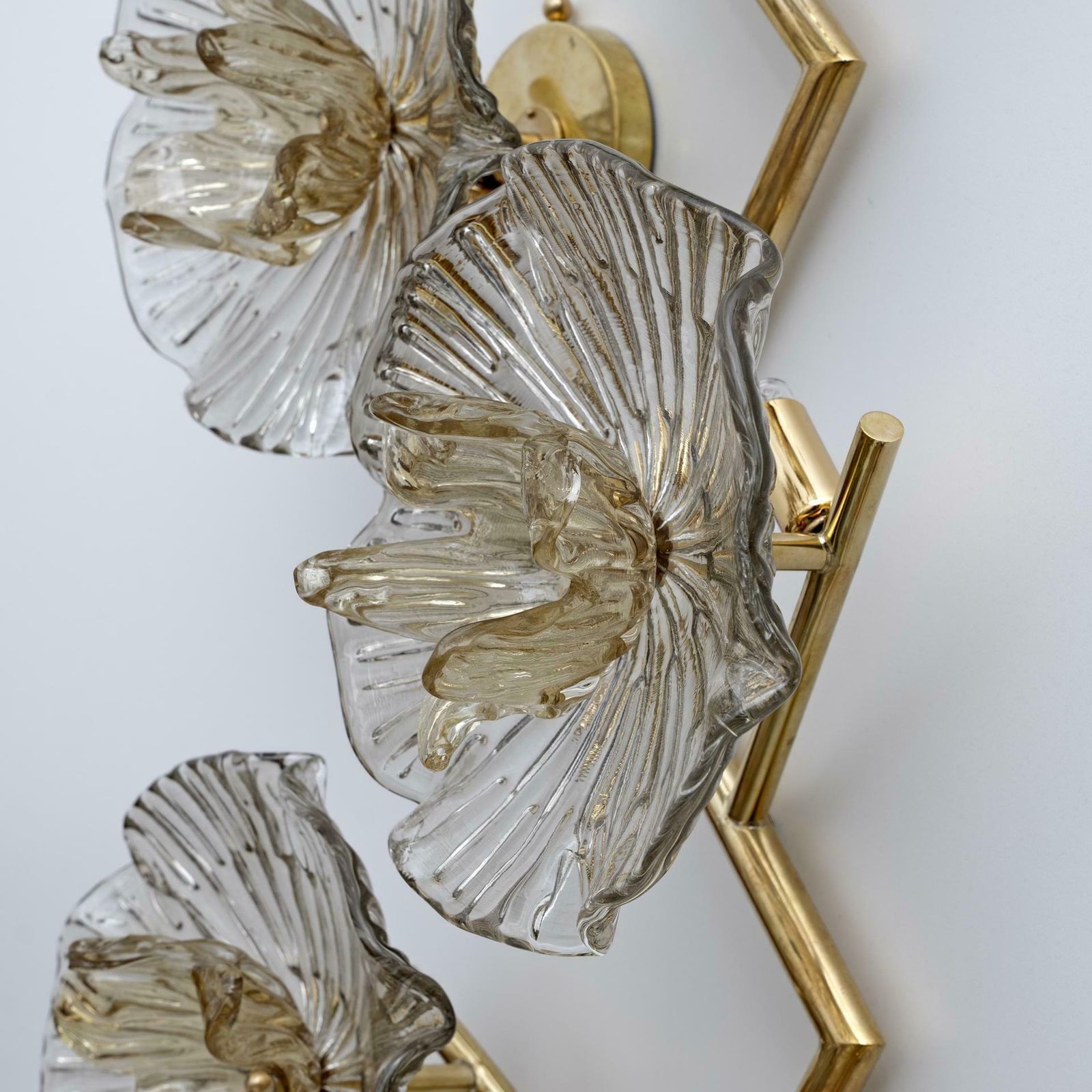 Pair Of Modern Italian Murano Glass And Brass Flowers Wall Lamps photo 5016.0