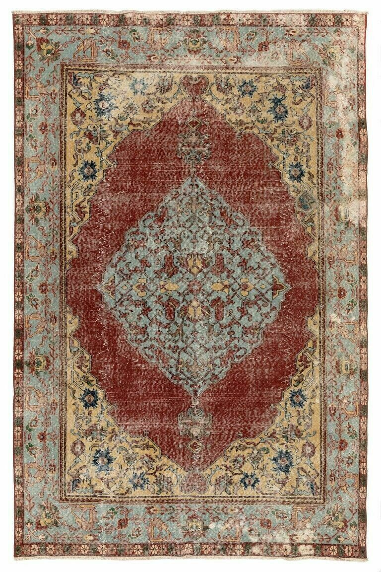 6.2x9 Ft Vintage Medallion Design Turkish Village Rug Made Of Natural Ndyed Wool