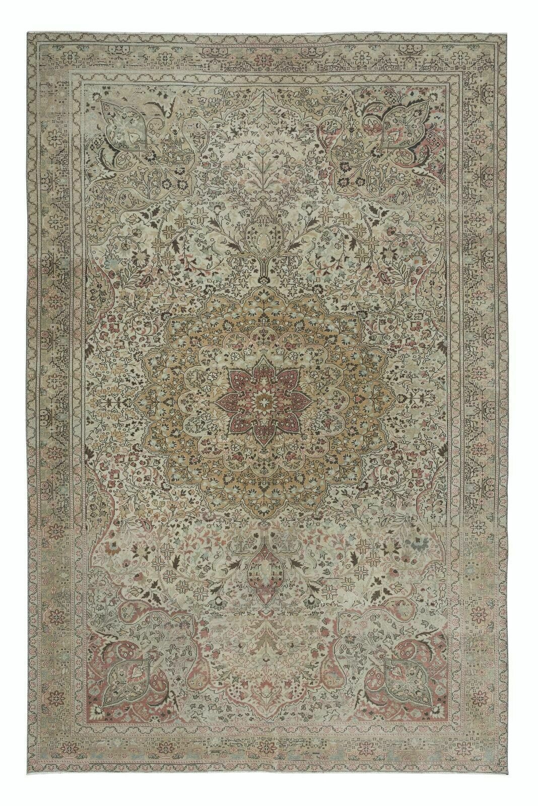 6.5x10 Ft Splendid Vintage Handmade Turkish Beige Area Rug With Medallion Design