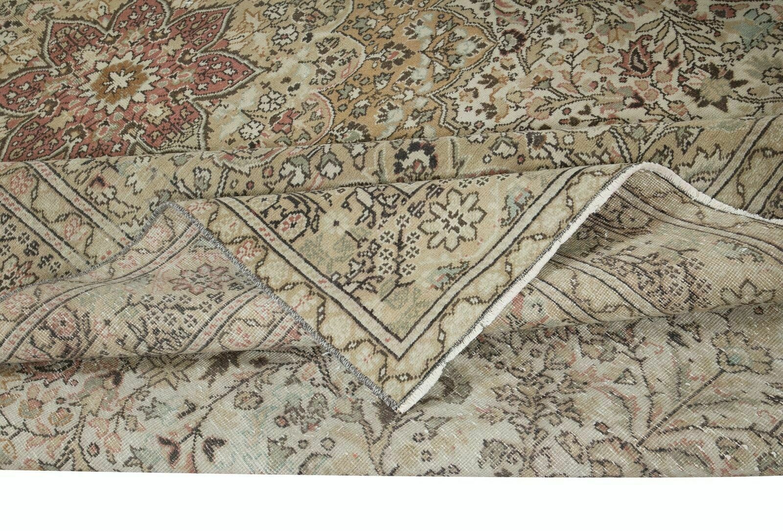 6.5x10 Ft Splendid Vintage Handmade Turkish Beige Area Rug With Medallion Design photo for sale