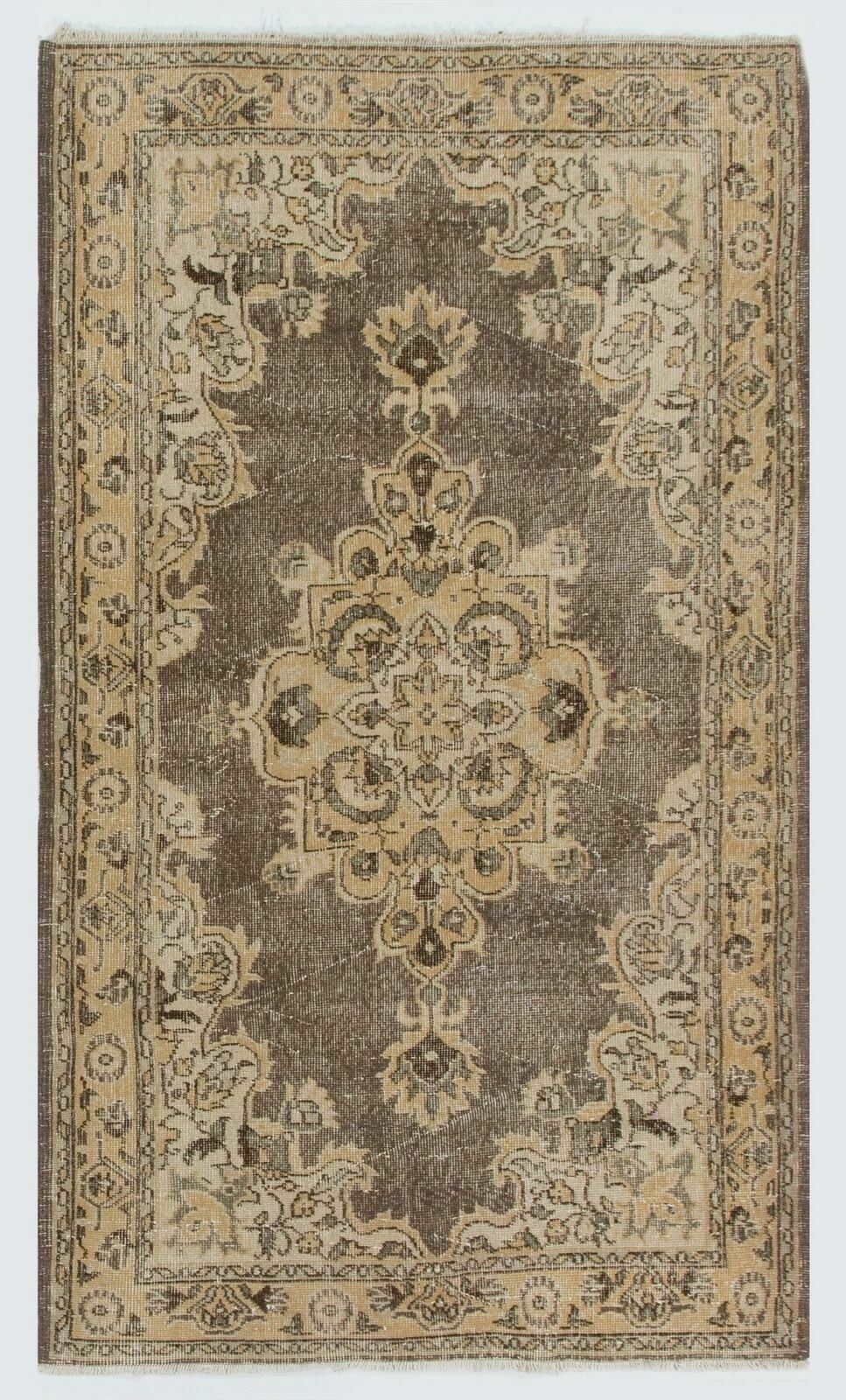 4x6.8 Ft Handmade Vintage Turkish Rug In Beige, Brown, Soft Sandy Yellow